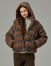 체크 후드 덕 다운 점퍼