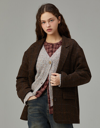 헤링본 체크 투 버튼 자켓