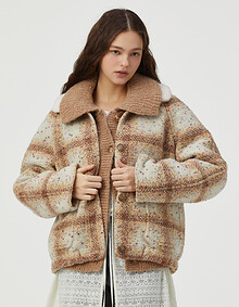 배색 털 카라 체크 점퍼