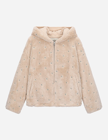 플라워 자수 후드 퍼 점퍼