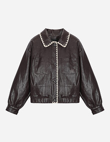 자수 포인트 블루종 레더 점퍼