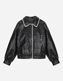 자수 포인트 블루종 레더 점퍼