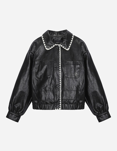 자수 포인트 블루종 레더 점퍼