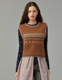 배색 자카드 니트 베스트