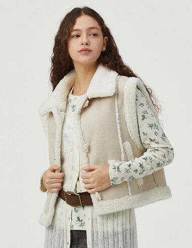 퍼 배색 무스탕 베스트