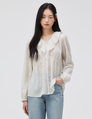 플라워 패턴 셔링 블라우스