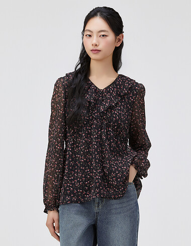 플라워 패턴 셔링 블라우스