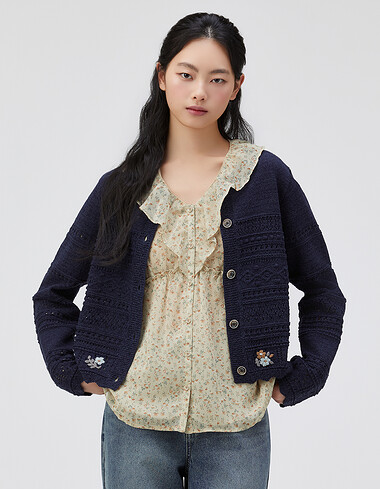 플라워 자수 라운드넥 가디건