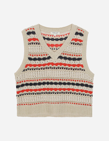 브이넥 칼라 블록 니트 베스트