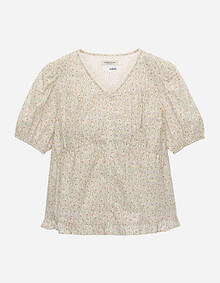 플라워 퍼프 브이넥 블라우스