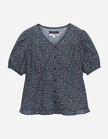 플라워 퍼프 브이넥 블라우스