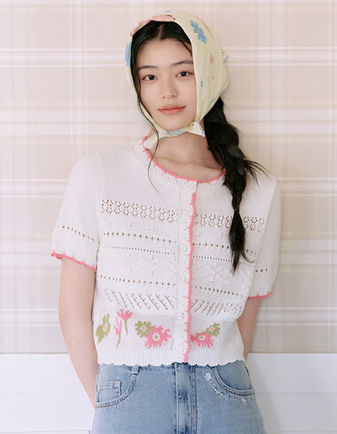 플라워 자카드 배색 반팔 가디건