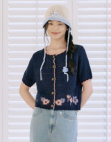 플라워 자카드 배색 반팔 가디건