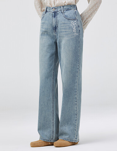 플라워 발염 일자 데님 팬츠