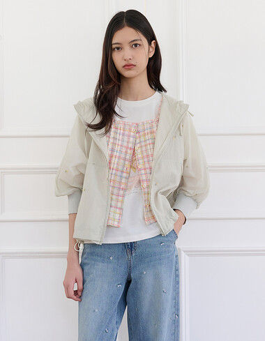 플라워 자수 나일론 후드점퍼