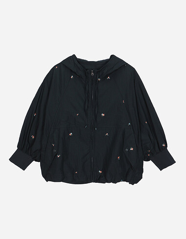 플라워 자수 나일론 후드점퍼