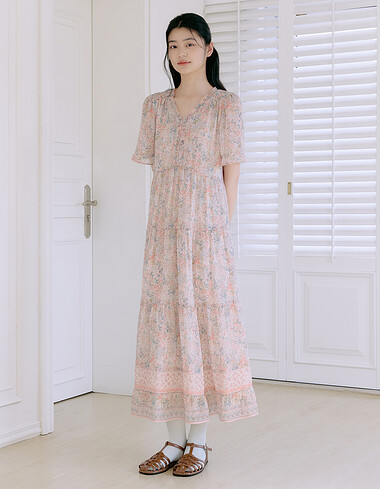 플라워 보더 믹스 프릴 원피스