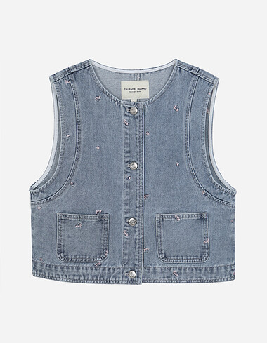 플라워 자수 데님 베스트