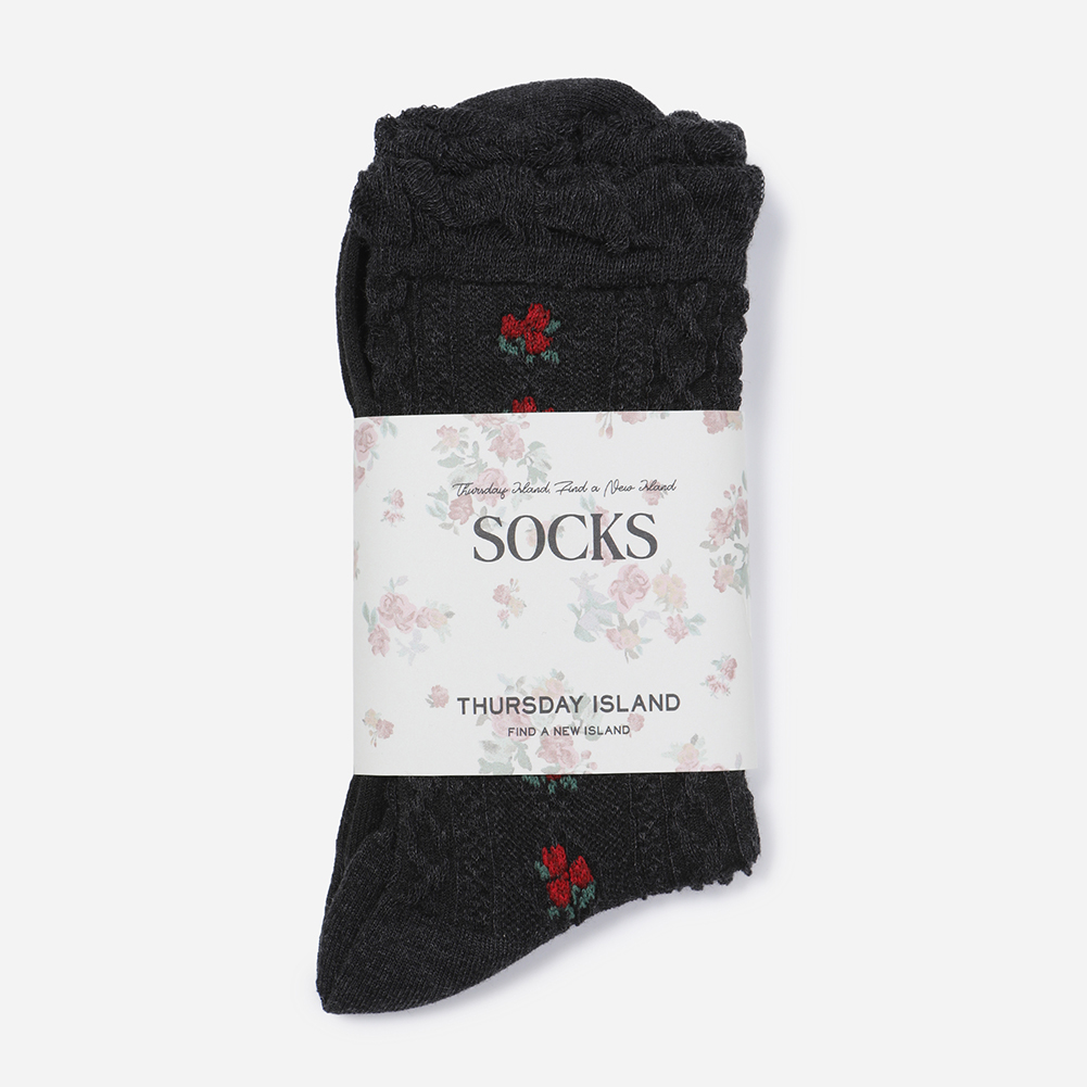 사이드 플라워 자수 케이블 양말